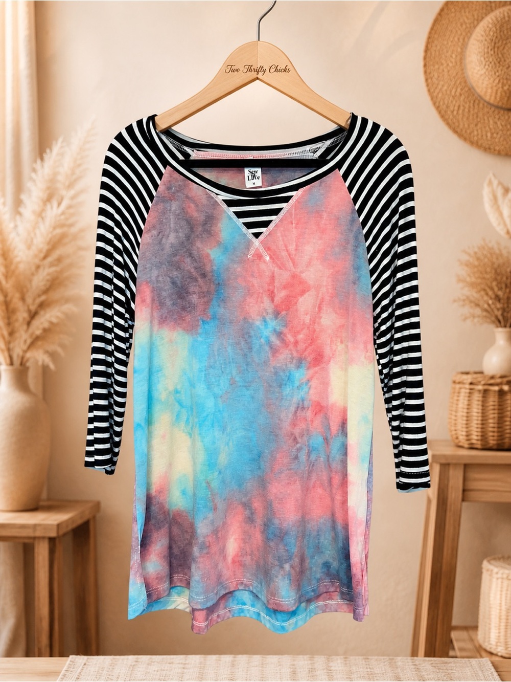 Sew In Love Striped Raglan Sleeve Tie-Dye Tunic Top - Multicolor - Size M - GUC